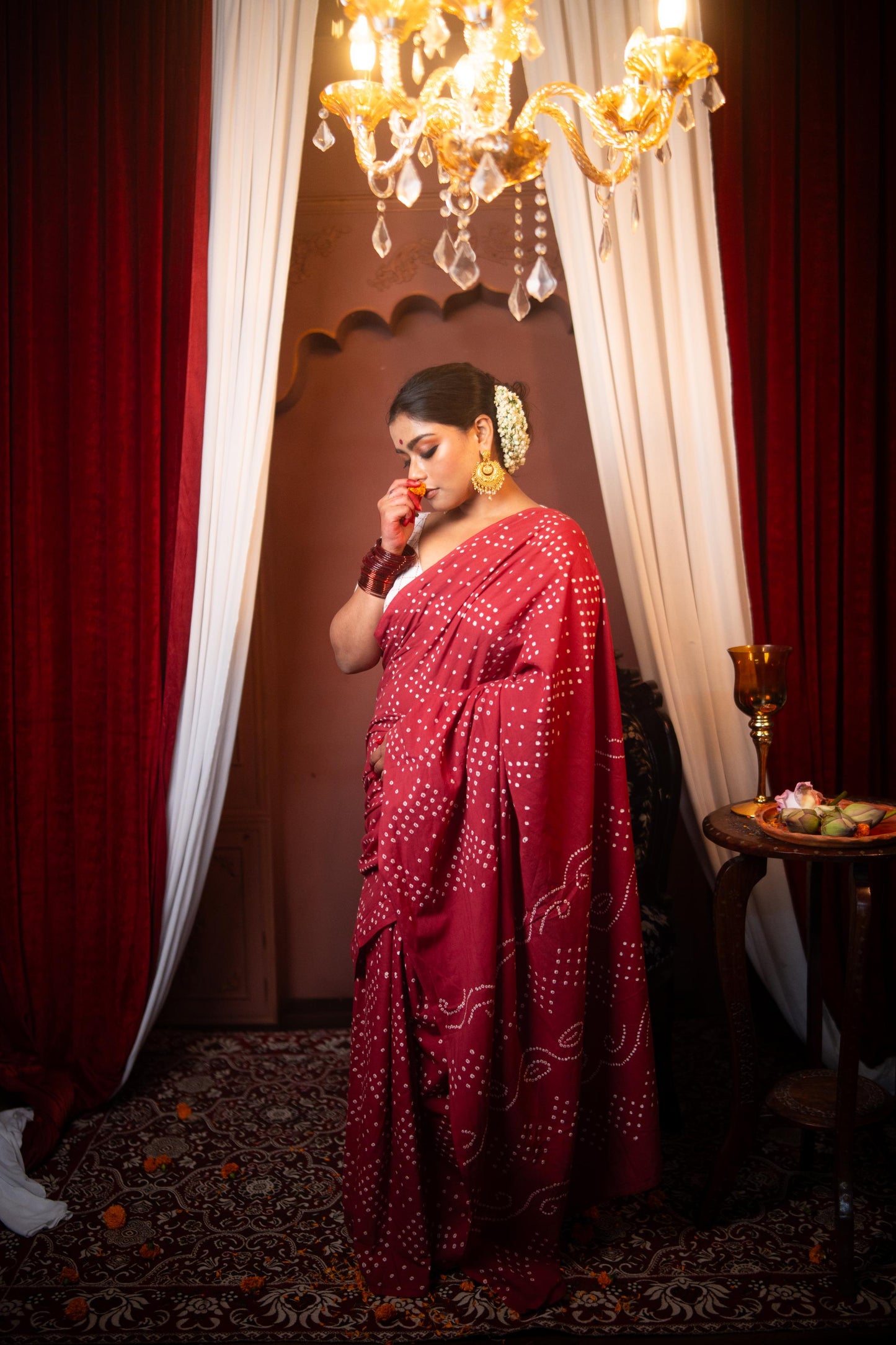 Hand knotted Kutchi Bandhani Magenta Red cotton saree - Boondh