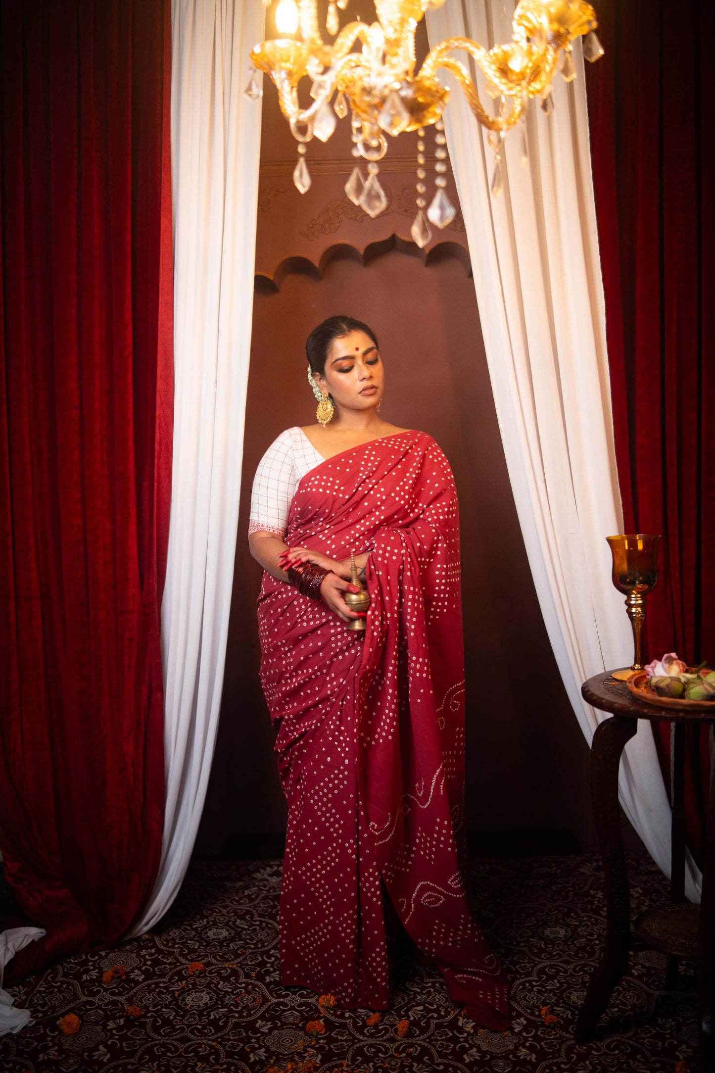 Hand knotted Kutchi Bandhani Magenta Red cotton saree - Boondh